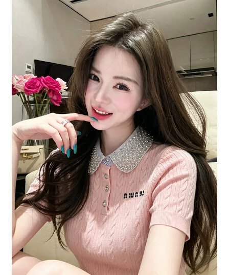 복숭아 분말 스와로브스키 베이비 칼라 니트 반팔 여성 여름 새로운 달콤함 연령 감소 꽈배기 티셔츠