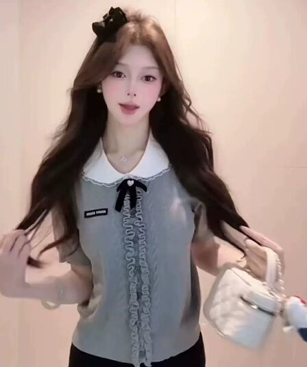 여름 나비 매듭 프릴 POLO 칼라 맨위 여성 한 부서 학원 스타일 연령 감소 캐주얼 니트 반팔 티셔츠