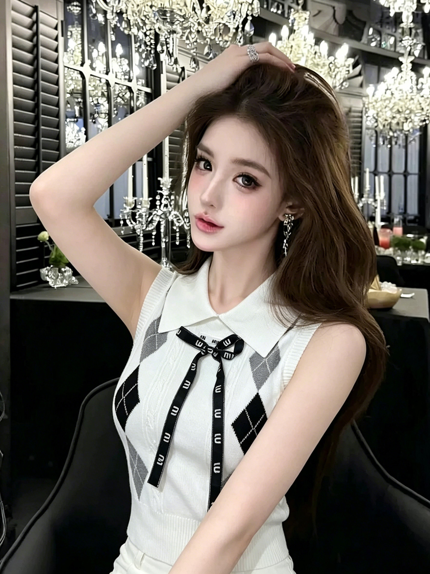 한 부서 디자인 센스 링 그리드 니트 스웨터 여성 여름 새로운 폴로 칼라 나비 매듭 알파벳 막대기 표준 조끼