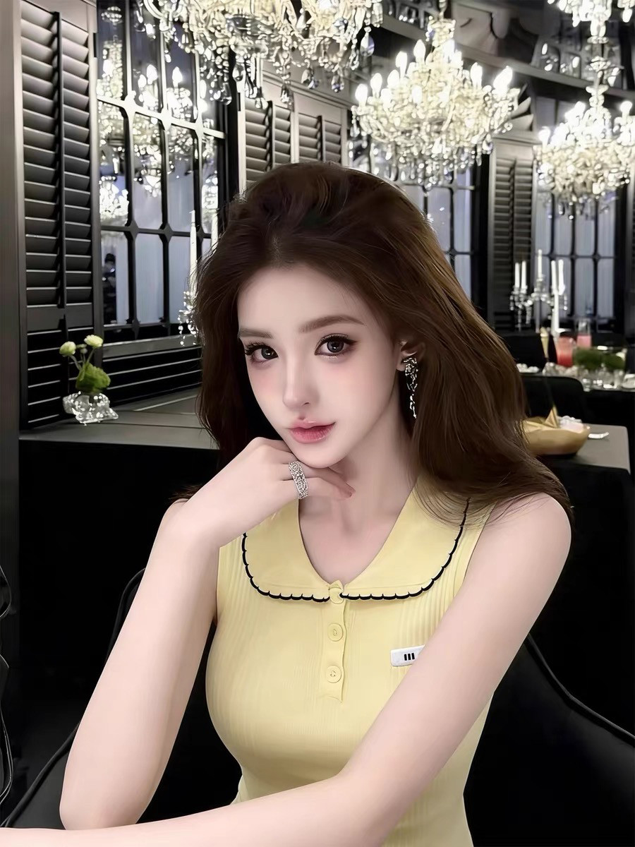작은 샤넬 스타일 POLO 칼라 황색 니트 캐미솔 여름 순수한 욕망 민소매 튜브탑 맨위 고급 센스 아름다운