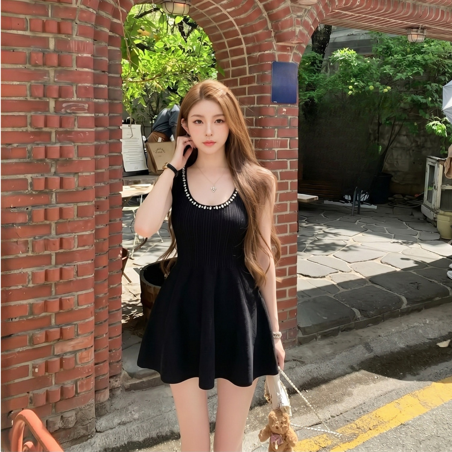 명문 여성 천 금빛 바람 다이아몬드 세팅 니트 여성 드레스 여름 작은 키 품격 몸매 가꾸기 슬림해 보이는 민소매 퍼프 미니 스커트