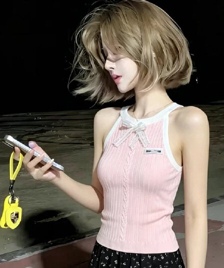 한 부서 핑크색 행침 목 니트 스웨터 조끼 여성 여름 새로운 나비 매듭 숙녀 몸매 가꾸기 슬림해 보이는 민소매 맨위