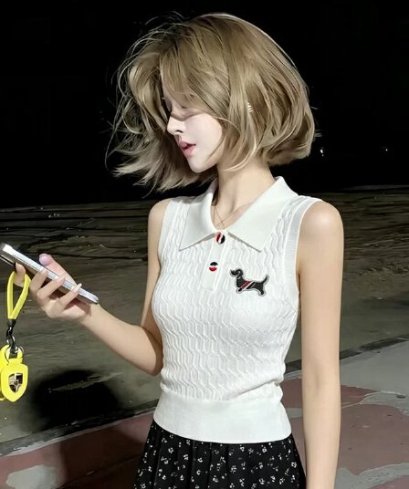 강아지 자수 폴로 칼라 니트 조끼 여성 26 여름 새로운 미니멀리즘 다용도 민소매 POLO 칼라 몸매 가꾸기 맨위