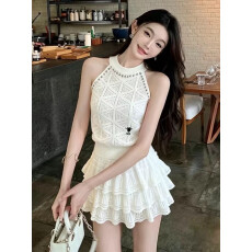 批发法式甜妹风针织套装女<b class='q'>夏</b>挂脖镂空背心上衣蛋糕短裙两件套