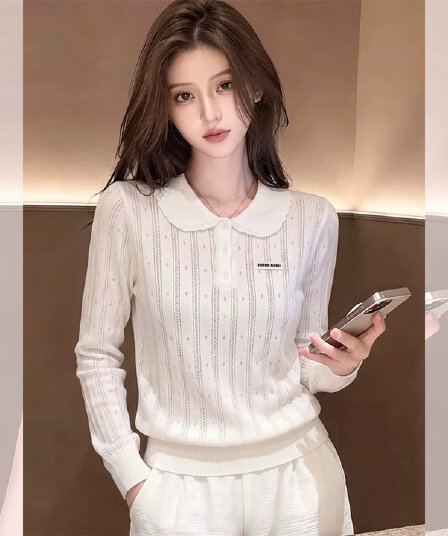 한 부서 POLO 칼라 홀로우 아웃 긴팔 털 니트 스웨터 여성 이른 가을 새로운 올해 인기 얇고 가벼운 느긋한 잘 생긴 맨위