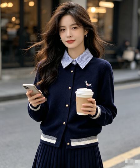 2026 봄 가을 한 부서 학원 스타일 페이크 레이어드 맨위 여성 뜨개질 오픈 가디건 패치워크 스트라이프 셔츠 플리츠 치마 세트