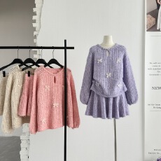 批发韩系一整套深冬穿搭毛衣套装女2026新款重工蝴蝶结针织短裙两件套