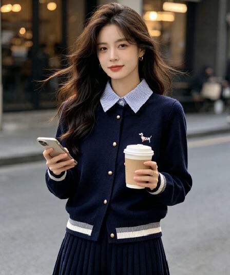 2026 봄 가을 한 부서 학원 스타일 페이크 레이어드 맨위 여성 뜨개질 오픈 가디건 패치워크 스트라이프 셔츠 플리츠 치마 세트