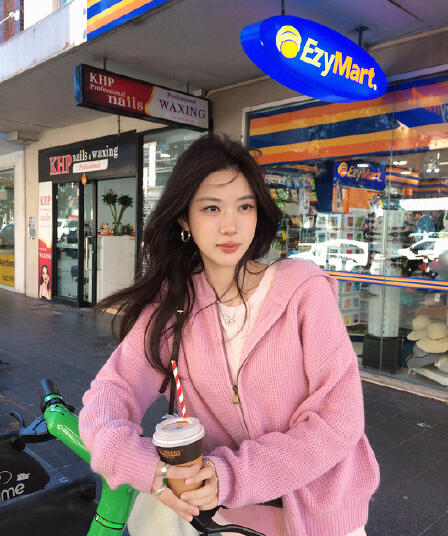 장 베이 베이 ibell 한 부서 루즈핏 슬림해 보이는 3 차원 후아 남편 그리드 후드 오픈 가디건 여성 레저 다용도 양모 재킷