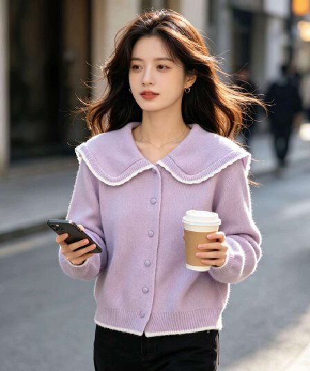 프랑스식 작은 샤넬 스타일 배색 베이비 칼라 스웨터 오픈 가디건 여성 가을 겨울 달콤함 연령 감소 신년 빨간색 니트 스웨터 재킷