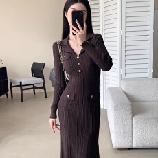 批发法式赫本风针织连衣裙女POLO领修身显瘦长袖鱼尾裙<b class='q'>春</b>秋内搭