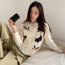 批发童趣小狗毛巾绣针织<b class='q'>开衫</b>女春秋复古简约松弛感韩系上衣