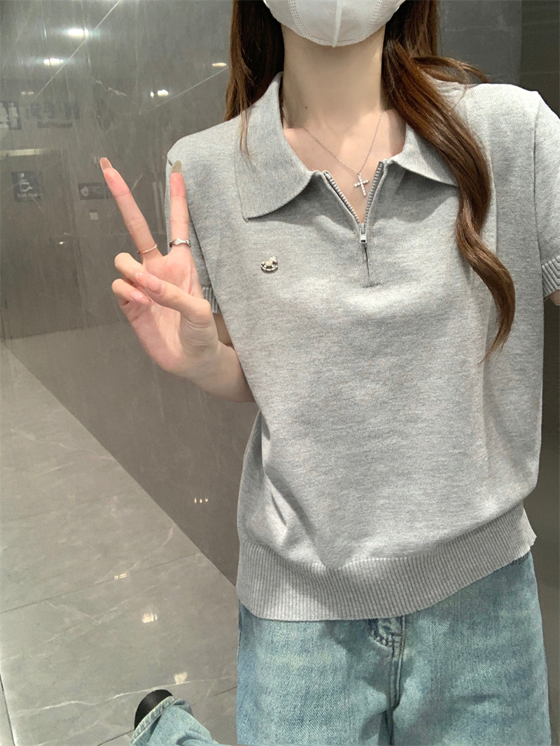 한 부서 chic 황색 얼음 실크 니트 반팔 티셔츠 여성 여름 작은 키 고유 한 아름다운 긍정적 인 어깨 POLO 칼라 맨위