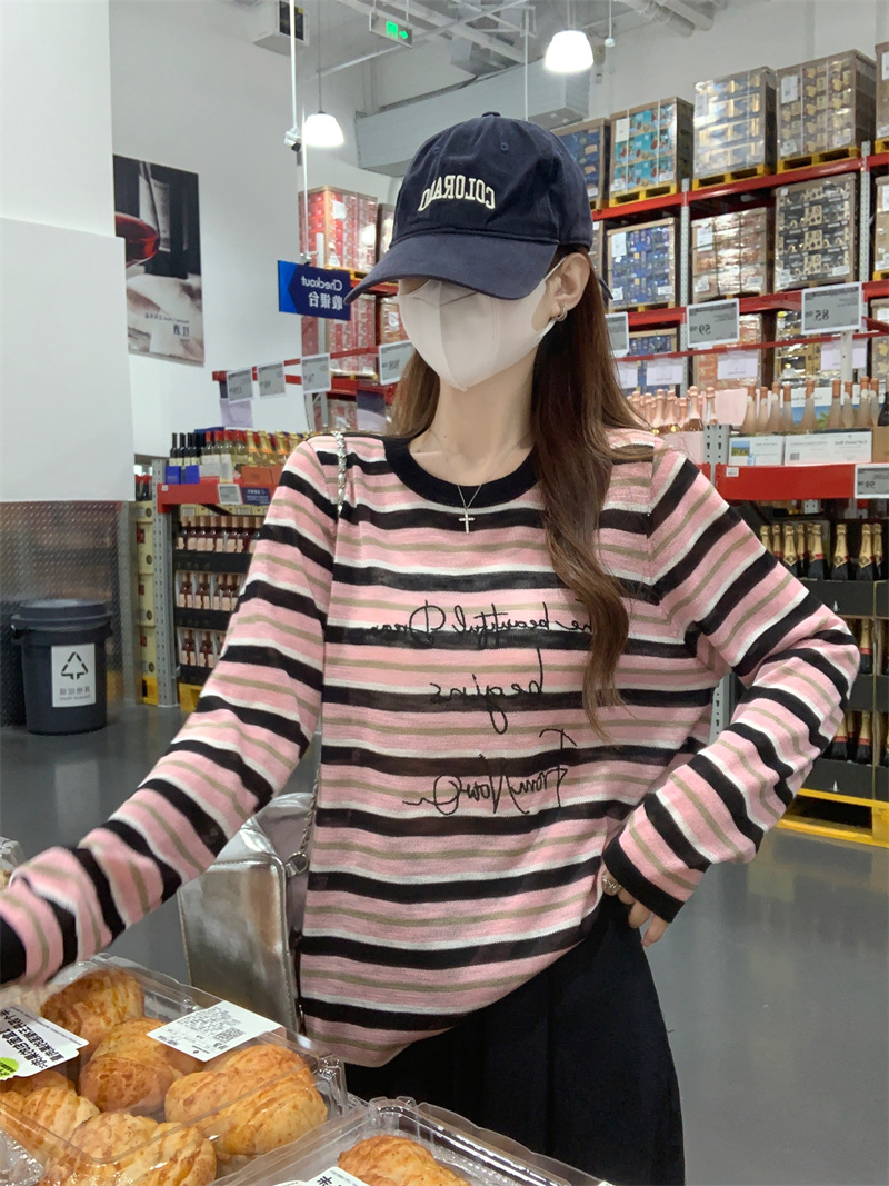한 부서 새로운 느슨함 센스 캐주얼 루즈핏 라운드 넥 풀오버 맨위 여성 배색 스트라이프 알파벳 블라우스 니트 스웨터