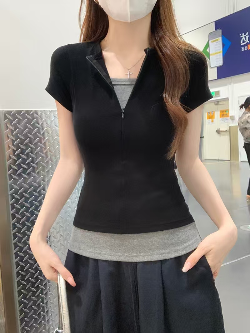 한국 반팔 티셔츠 여성 의류 여름 새로운 단색 페이크 레이어드 지퍼 V넥 맨위