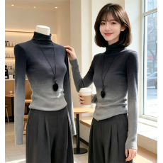 批发高级感灰色渐变<b class='q'>高领</b>针织衫女2026秋冬新款设计感修身显瘦打底上衣