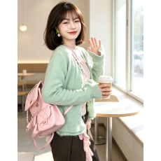 批发<b class='q'>韩国</b>东大门薄荷绿荷叶边针织开衫女独特漂亮短款毛衣外套百搭上衣