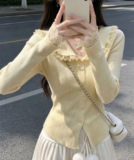 가을 겨울 한국 스타일 순수한 욕망 레이스 조각 폴로 칼라 몸매 가꾸기 앤디 플러시 인사이드 가져 가라. 니트 오픈 가디건 스웨터