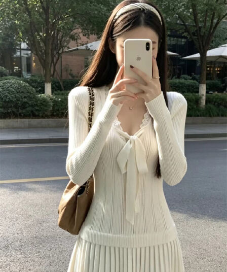 프랑스식 순수한 욕망 바람 니트 여성 드레스 가을 겨울 새로운 프랑스식 긴팔 품격 슬림해 보이는 고급 센스 레이스 치마