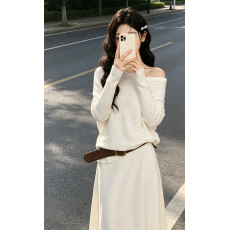批发法式温柔风针织<b class='q'>套装</b>女慵懒感<b class='q'>休闲</b>一字肩两件套