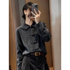 批发高端精致两件套秋装新中式国风深灰色灯芯绒衬衫半身裙超好看套装