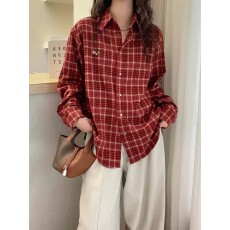 批发小狗刺绣磨毛复古格子衬衫女春秋长袖翻领宽松显瘦<b class='q'>休闲</b>慵懒风上衣