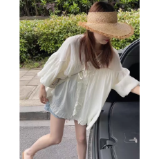 批发法式设计感木耳边v领系带衬衫女2026夏季新款宽松减龄灯笼袖上衣