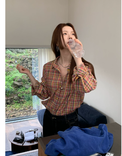 helloooeat 한국 스타일 색상 주름 체크무늬 여성 셔츠 레트로 루즈핏 싱글 줄 버튼 폴로 칼라 긴팔 재킷