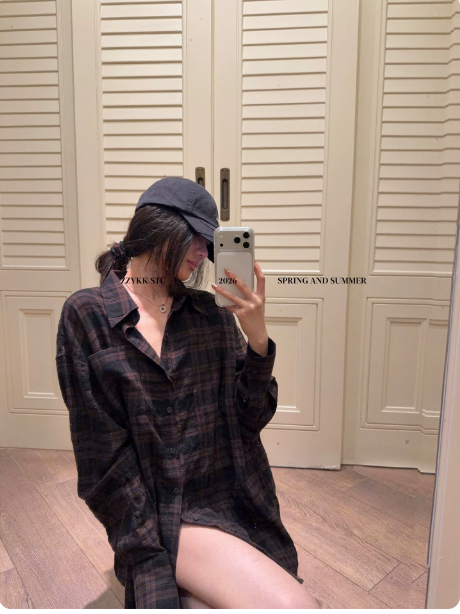 레트로 체크무늬 여성 셔츠 봄 여름 태양 보호 셔츠 루즈핏 캐주얼 느긋한 체크무늬 맨위