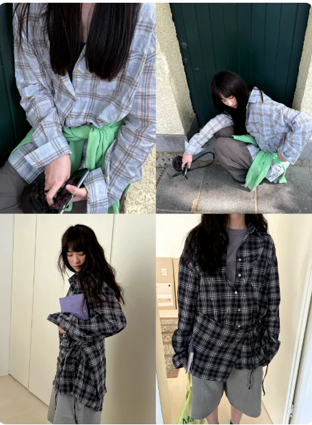 poxffee 파란색 엷 은 안개 산소 체크무늬 긴팔 자외선 차단 셔츠 재킷 방귀 커튼 여성 셔츠 품격 맨위