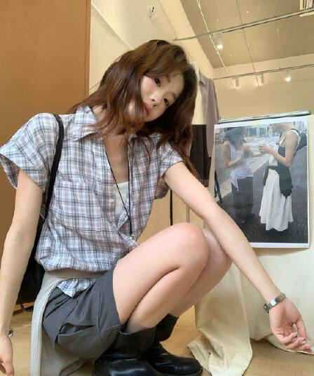 tootoo 한 부서 캐주얼 체크무늬 반팔 여성 셔츠 여름 느긋한 레트로 항구 바람 루즈핏 슬림해 보이는 스택 착용 맨위