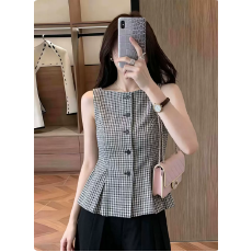 批发韩系气质简约格纹无袖马甲女夏季新款纽扣开衫<b class='q'>百搭</b>背心外搭上衣潮