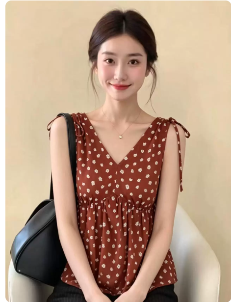 프랑스식 작은 대중 레트로 V넥 레이스업 허리 수축 꽃무늬 조끼 여성 여름 새로운 민소매 디자인 센스 셔츠 맨위