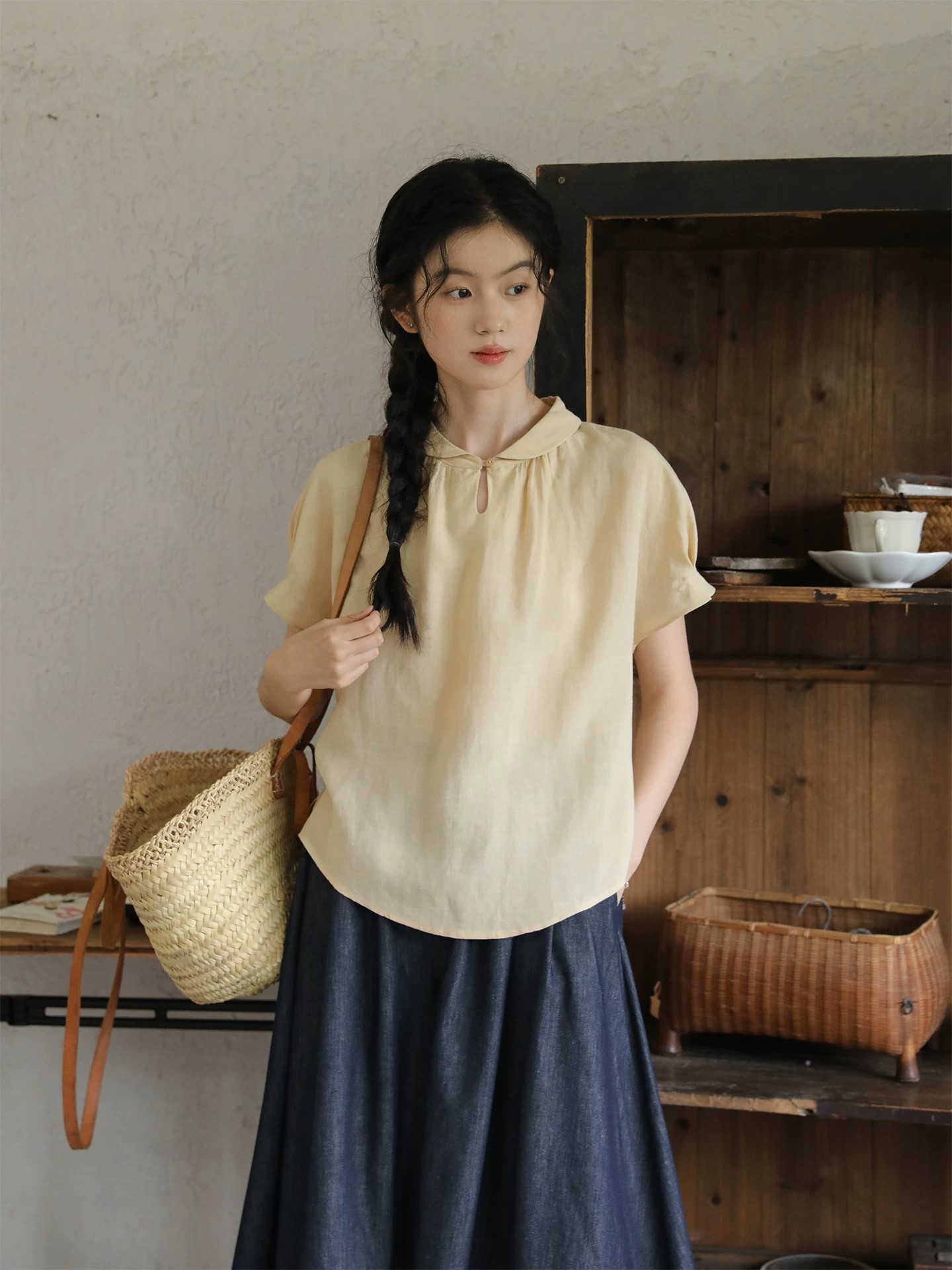nesoulum 밀 귀 오래된 지앤 주간 실크 마 물방울 칼라 심지어 어깨 소매 3 차원 명중 기사 펌프 Pleat 공예 셔츠 여름