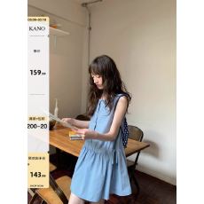 批发你好卡农 抽绳腰背心裙圆领娃娃裙女夏季新款设计感宽松a字连衣裙