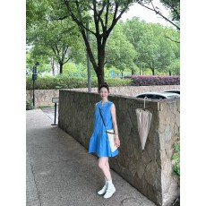批发PlaceOrder 韩国小众<b class='q'>蓝色</b>棉混纺<b class='q'>连衣裙</b>女夏季压褶a字无袖短裙子