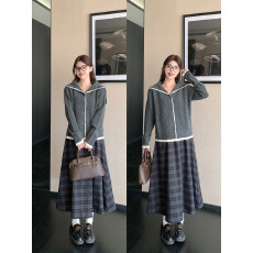 批发实拍~爱<b class='q'>蔷薇</b>大码蕾丝拼接翻领针织衫女秋冬灰色毛衣套装女