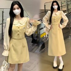 批发实拍~安妮不火新款娃娃领小众设计感假两件连衣裙