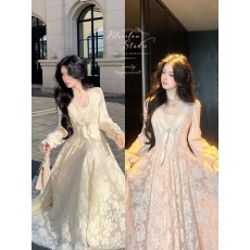 批发Blovelan迷迭花园 法式纯欲v领蕾丝连衣裙收腰千金风蓬蓬裙加绒