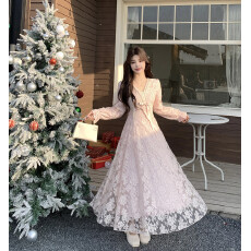 批发实拍 Blovelan 法式纯欲v领蕾丝连衣裙收腰千金风蓬蓬裙加绒