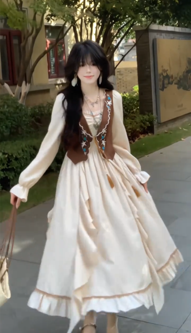 있음 선적 호박색 월넛 레트로 자수 페이크 레이어드 데님 플러시 큰 진자 롱 스커트