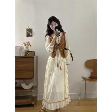 批发出货中~琥珀核桃 复古刺绣假两件牛仔绒大摆长裙