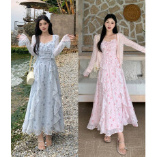 批发实拍~2026春夏温柔风显瘦<b class='q'>印花</b><b class='q'>连衣裙</b>修身遮肚裙子两件套