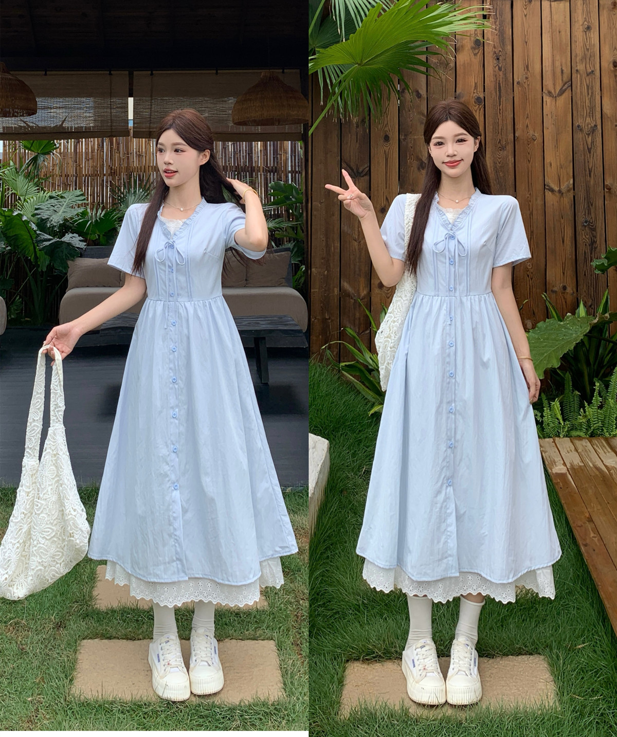 실사 블루 꿈 후아 라임 품격 프릴 레이스업 파란색 롱 코트 레이스 드레스