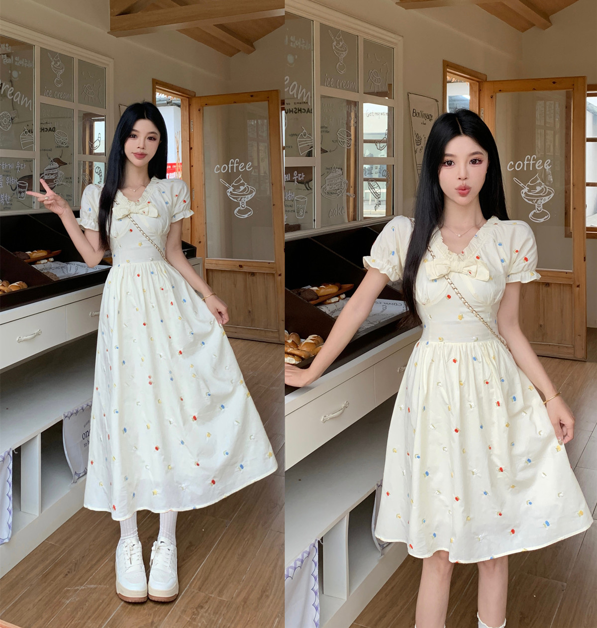 실사 살구 꽃 스타 자수 빅 사이즈 여성 의류 마이크로 지방 자매 V넥 레이스 부드러운 달콤한 스타일 자수 드레스