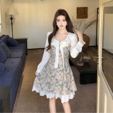 批发实拍~彼岸<b class='q'>蔷薇</b> 法式千金风印花娃娃领收腰显瘦长袖连衣裙