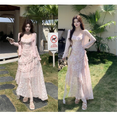 批发实拍~春夏优雅法式<b class='q'>田园</b>风纯欲甜美碎花吊带<b class='q'>连衣裙</b>防晒衫两件套