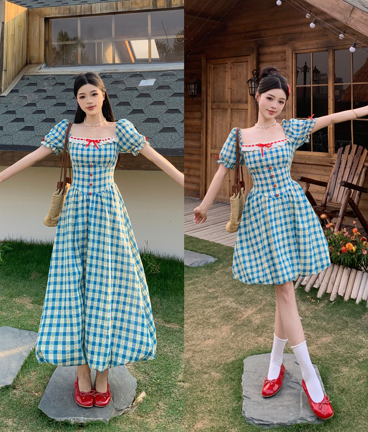 실사 웨이브 웨스트 탑 탑 센 부서 꽃무늬 전원 체크무늬 드레스