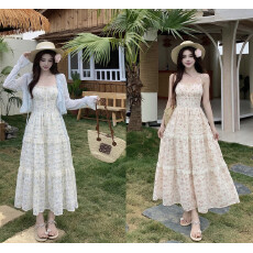 批发实拍~春夏优雅法式田园风纯欲甜美碎花吊带<b class='q'>连衣裙</b>防晒衫两件套