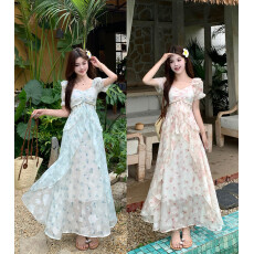 批发实拍~仲夏甜梦 印花<b class='q'>雪纺</b>下摆荷叶边度假风连衣裙<b class='q'>长裙</b>旅游浪漫